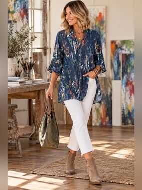 Title: Gabby Isabella Denim Paint Splatter Tunic Shirt Dress Medium Artsy Boho